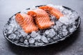 Portioned raw salmon fillets in ice on plate - Close-up