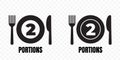 2 portions, food meal package vector icons. Plate with fork and knife label for two portions food recommendation sign