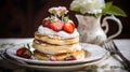 Portions of pancakes with whipped cream and strawberries. Generative AI