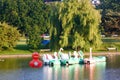 Portishead colourful pedalos on the lake with the Canadian freedom duck