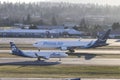 Portland, OR - December 2017: Prime Air Boeing 767 operated by Atlas Air taxiing to the runway as a SkyWest Embraer ERJ-175 slows