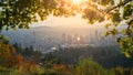 Portland Downtown, Mt Hood in Morning Sun Framed with autumn foliage Royalty Free Stock Photo