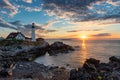 Portland Lighthouse at sunrise in New England, Maine. Royalty Free Stock Photo