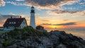 Portland Lighthouse at sunrise in New England, Maine. Royalty Free Stock Photo