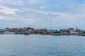 Portland, Maine Aug 11,2018: Amazing view of Portland Maine Downtown seen from the ferry while leaving from Portland, Maine USA Royalty Free Stock Photo