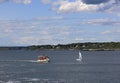 View of Danforth cove and boats from Fort Williams Park in Portland, Main