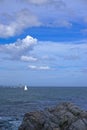 Portland, Maine, USA: Sailboat and lighthouse in Casco Bay