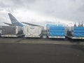 Portland, Oregon - April 2019: Aircraft containers belonging to Amazon company waiting to be loaded into a Prime Air Boeing 767 Royalty Free Stock Photo