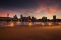 Portland, Oregon city skyline panorama with Hawthorne bridge.