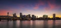 Portland, Oregon city skyline panorama with Hawthorne bridge.