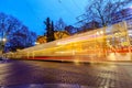 TriMet Max, Tram trail at night beside Pioneer square in Morrison St, Downtown Portland Royalty Free Stock Photo