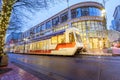 TriMet Max, Tram trail at night beside Pioneer square in Morrison St, Downtown Portland Royalty Free Stock Photo