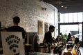 Baristas prepare espresso drinks at Porltand's Stumptown Coffee Royalty Free Stock Photo