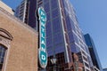 Blue Portland sign on brick building from distance in Portland, Oregon Royalty Free Stock Photo