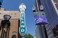 Blue Portland sign on brick building from distance in Portland, Oregon Royalty Free Stock Photo