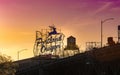 Sunset over the iconic Portland, Oregon Old Town sign in downtown Portland, Oregon Royalty Free Stock Photo