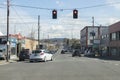 Portland, Oregon / USA - Circa 2019: A typical street in Portland Oregon. Waiting at a red traffic light on Hawthorne Boulevard in