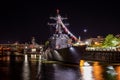 USS Pinckney DDG 91 ship at night during Rose festival docked Tom McCall Waterfront Park