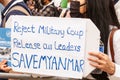 PORTLAND PLACE, LONDON, ENGLAND- 31 March 2021: Protesters pictured at a protest against Myanmar`s military coup