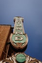 Portland sign from 30's on brick building from below. In Portland, Oregon, USA with clear blue sky Royalty Free Stock Photo