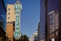 Portland sign from 30's on brick building in Portland, Oregon, USA with clear blue sky