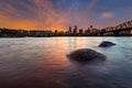 Portland OR Skyline along Willamette River at sunset USA