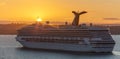 Portland, United Kingdom - July 1, 2020: Beautiful panoramic high angle shot of Carnival Valor anchored in the harbour at sunset.