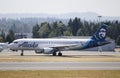 Portland, OR / USA - circa 2018: Alaska Airlines Airbus A320 taxiing to the end of the runway for departure from Portland