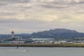 View of concourse D and E with Air Traffic Control ATC tower at Portland International Airport Royalty Free Stock Photo