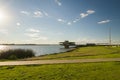 Porto Alegre, Rio Grande do Sul, Brazil, March 29 - 2021: Beautiful sunset on the edge of GuaÃÂ­ba, Gasometro at golden hour Royalty Free Stock Photo