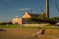 Porto Alegre, Rio Grande do Sul, Brazil, March 29 - 2021: Beautiful sunset on the edge of GuaÃÂ­ba, Gasometro at golden hour Royalty Free Stock Photo