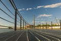 Porto Alegre, Rio Grande do Sul, Brazil, March 29 - 2021: Beautiful sunset on the edge of GuaÃÂ­ba, Gasometro at golden hour Royalty Free Stock Photo