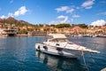 Porto Azzurro, Island of Elba, Italy - 19 September 2021 Colorful cityscape of Harbor of Porto Azzurro