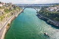 Porto bridge aerial river with a boat Royalty Free Stock Photo