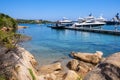 Porto Cervo, Sardinia, Italy - Panoramic view of luxury yacht port and marina of Porto Cervo resort at the Costa Smeralda coast of