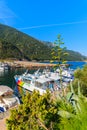 PORTO, CORSICA ISLAND - JUN 27, 2015: boats in Porto harbour on sunny summer day. Porto is a small village to the west of Corsica Royalty Free Stock Photo