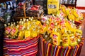 Porto da Cruz, Madeira, Portugal - Sep 24 2019: Basket with small bottles of Poncha, traditional alcoholic drink of Madeira.