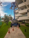 Porto de Galinhas, Brazil, March 16, 2019 - Blue platform lift in the park of Flat Resort, Brazil