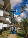 Porto de Galinhas, Brazil, March 16, 2019 - Blue platform lift in the park of Flat Resort, Brazil