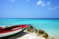 Porto Mari beach, Curacao/Netherlands Antilles - March 18 2019: Boat on the beach in front of the Caribbean sea