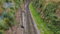 Porto Metro rail line and overhead electric cables in Esposade, Portugal