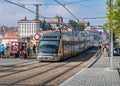 Porto Metro Train crossing the Dom Luis 1 Bridge, Vila Nova de Gaia, Portugal.