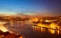 Porto: night panorama of Ribeira and Douro river, Portugal Royalty Free Stock Photo