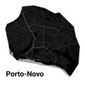 Porto-Novo, Benin map. Detailed black map of Porto-Novo city poster with roads. Cityscape urban vector. Black land with white