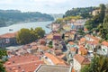 Porto Oporto town architecture with Douro river and Arrabida bridge background