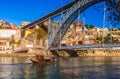 Porto panoramic aerial view of Dom Luis Bridge and houses with r