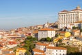 Porto panoramic landmark on sunny day. Old buildings with red brick roofs in Porto, Portugal.