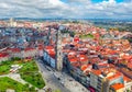 Porto, Portugal - 28 april: aerial top city view on catholic church or cathedral Torre dos Clerigos, cityscape skyline