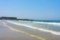 06.22.2023. Porto, Portugal: beautiful clean Porto sandy matosinhos beach with people surfing