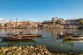 Porto Portugal, city skyline at Ribeira and Douro River with Rabelo wine boat Royalty Free Stock Photo